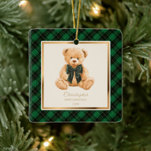Ornement En Céramique Ourson de Noël de bébé Plaid Photo