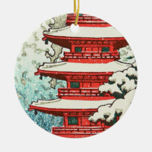 Ornement En Céramique Pagode dans la neige Kawase Hasui shin hanga art
