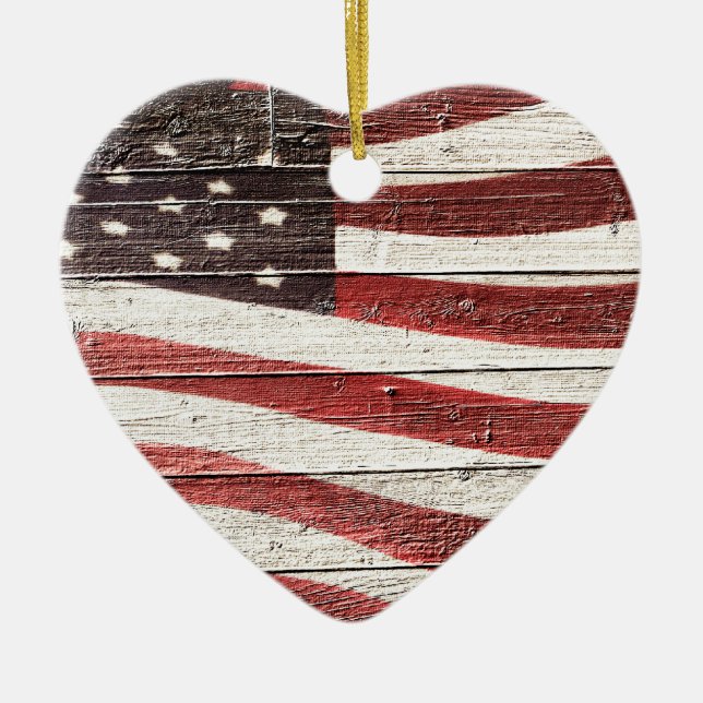 Ornement En Céramique Painted American Flag on Rustic Wood Texture (Devant)