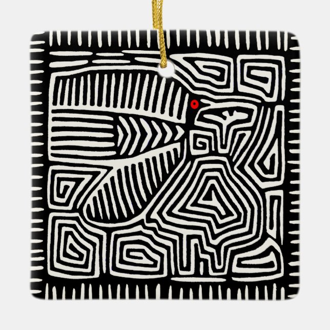 Ornement En Céramique Panama Kuna Indian Mola Pajaro - noir blanc (Devant)