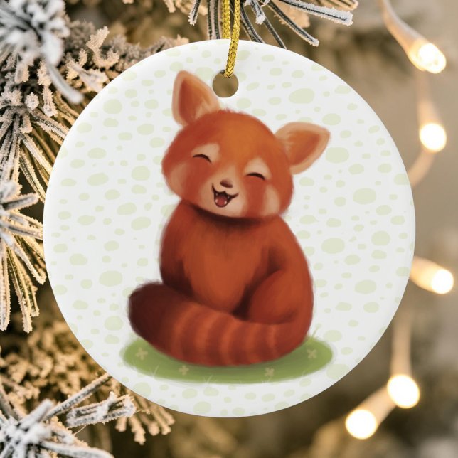 Ornement En Céramique Panda roux (A cute red panda smiling, hand-painted on a christmas bauble for the tree.)