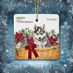 Ornement En Céramique Panier de Noël au poinsettia avec chiot husky sibé
