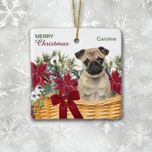 Ornement En Céramique Panier de Noël Poinsettia Carlin Chien (Créateur téléchargé)