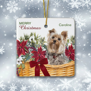 Ornement En Céramique Panier de Noël Poinsettia Yorkie Terrier