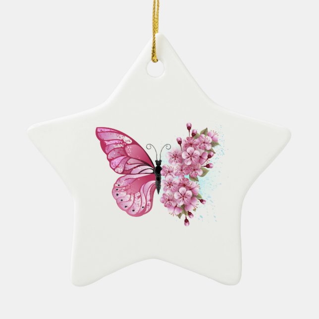 Ornement En Céramique Papillon à fleurs avec Sakura rose (Devant)