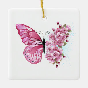 Ornement En Céramique Papillon à fleurs avec Sakura rose