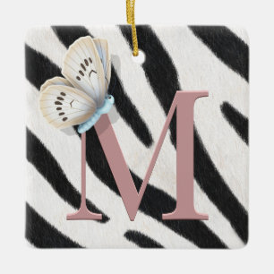 Ornement En Céramique Papillon bleu & Zebra Fur Rose Monogramme personna