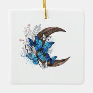 Ornement En Céramique Papillons bleus sur croissant en bois