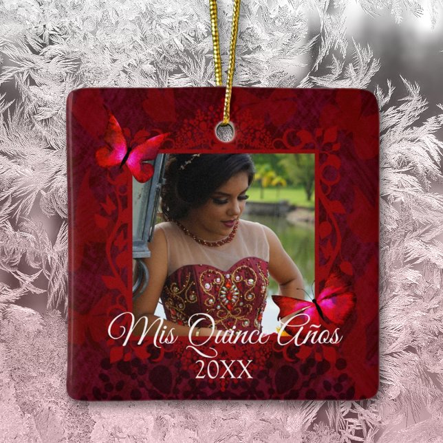 Ornement En Céramique Papillons rouges, Quinceanera Photo de Noël (elegant ruby red quinceanera mis quince anos christmas ornament keepsake gift red butterflies )