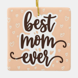 Ornement En Céramique Pastel Orange Meilleure Maman Jamais Script Coeurs