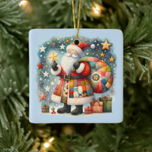 Ornement En Céramique Patchwork à carreaux Père Noël avec étoiles de Noë
