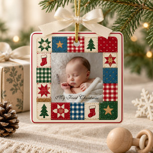 Ornement En Céramique Patchwork en céramique pour photo du premier Noël 