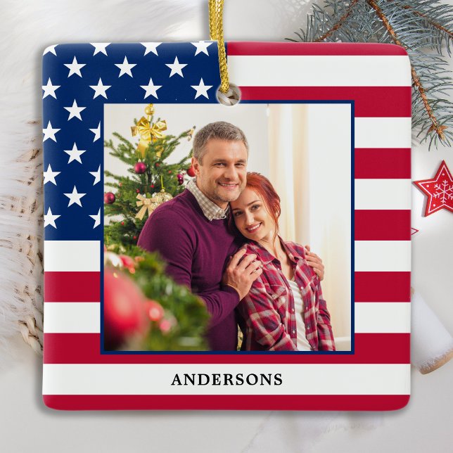Ornement En Céramique Patriotique Noël Custom Photo USA American Flag (Créateur téléchargé)