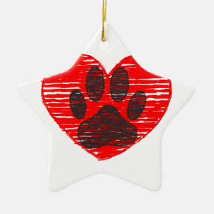 Ornement En Céramique Paw Chien Croquis Dans Le Coeur Rouge