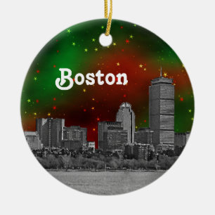 Ornement En Céramique Paysage de Boston Gravé sous un Ciel Étoilé Rouge
