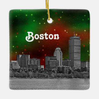 Ornement En Céramique Paysage de Boston Gravé sous un Ciel Étoilé Rouge