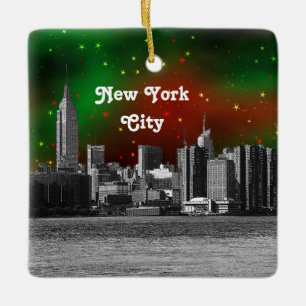 Ornement En Céramique Paysage de NYC gravé ESB Rouge et Vert Ciel étoilé
