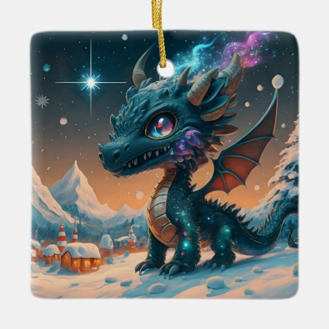 Ornement En Céramique Paysage hivernal de Chibi Dragon mystique (Devant)