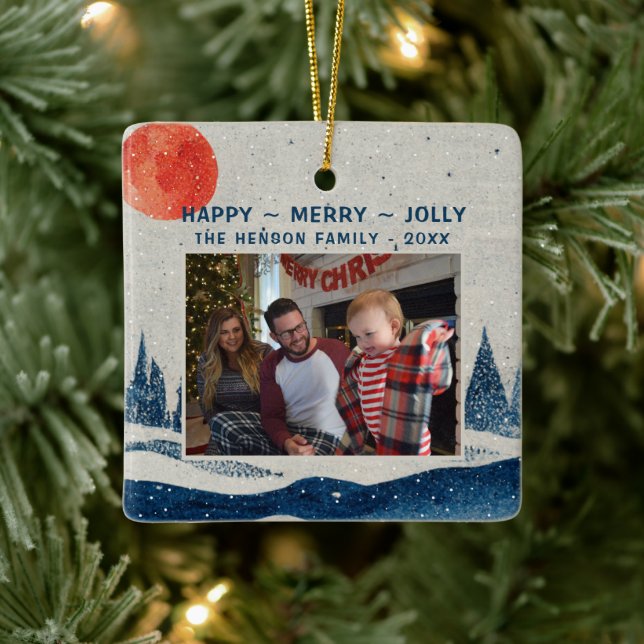 Ornement En Céramique Paysage hivernal Forêt de neige Moon Photo Noël (Arbre)