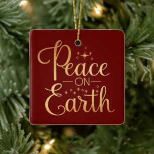 Ornement En Céramique Peace on Earth Gold Script Red Holiday