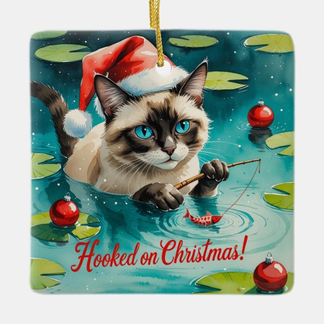 Ornement En Céramique Pêche thème de Noël pour les Amoureux de les chats (Devant)