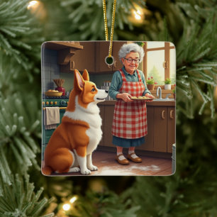 Ornement En Céramique Peinture de Noël de Corgi cuisinant avec Grand-mèr