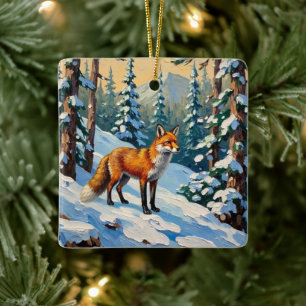 Ornement En Céramique Peinture de Noël vintage renard dans les bois enne