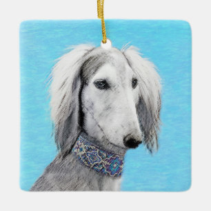 Ornement En Céramique Peinture de Saluki (argenté) - Jolie illustration