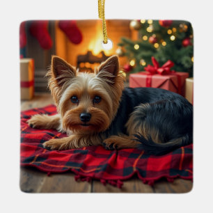 Ornement En Céramique Peinture de Yorkshire Terrier Soir de Noël Cosy
