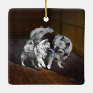 Ornement En Céramique Peinture Keeshond Playtime - Jolie art original ch