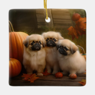 Ornement En Céramique Pekingese Chiot Automne Citrouille délice