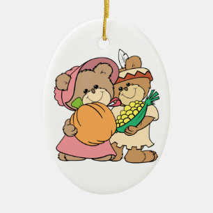 Ornement En Céramique pèlerin mignon et nounours indiens d'action de grâ