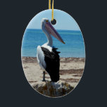 Ornement En Céramique Pelican on Beach Rock<br><div class="desc">Featured standing on a beach rock by the ocean is a hungry most handsome pelican waiting for tasy fish morsels.</div>