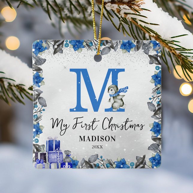 Ornement En Céramique Penguin Monogramme statistiques bébé premiers Noël (Créateur téléchargé)