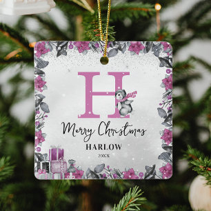 Ornement En Céramique Penguin Nom des enfants Monogramme Noël