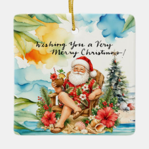 Ornement En Céramique PÈRE NOËL à la plage d'Hawaii pour Noël