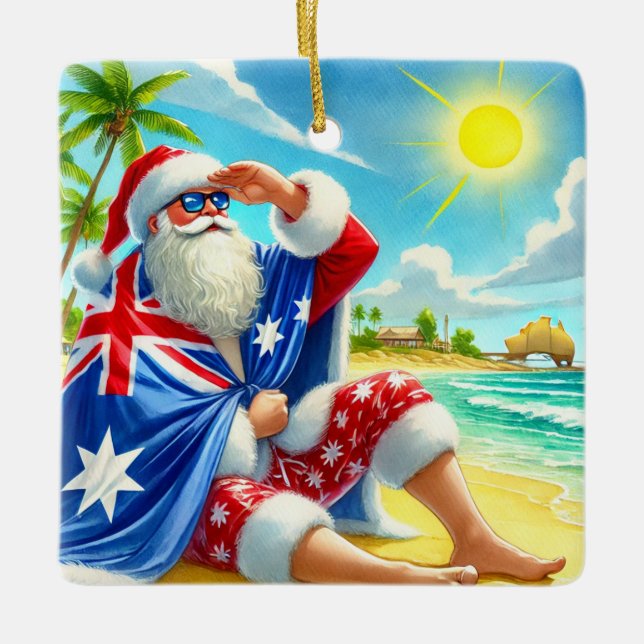 Ornement En Céramique Père Noël australienne personnalisée sur la plage  (Devant)