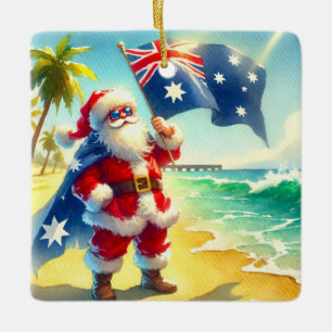 Ornement En Céramique Père Noël australienne personnalisée sur la plage 