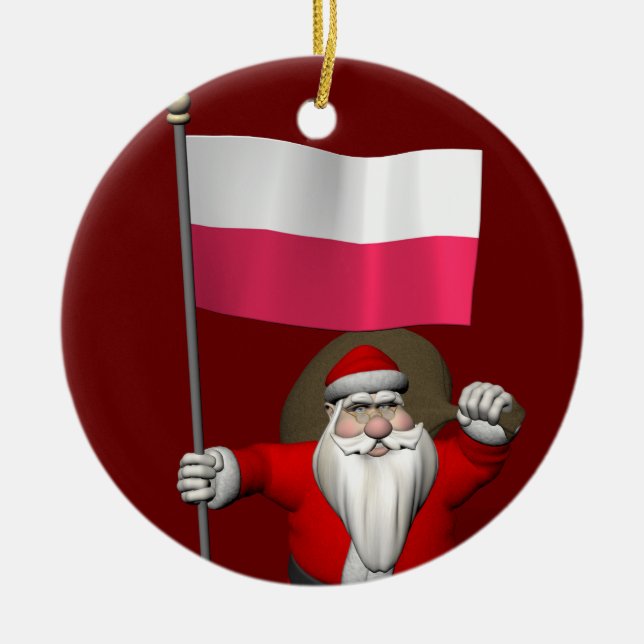 Ornement En Céramique Père Noël Avec Drapeau De Pologne (Devant)