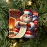 Ornement En Céramique Père Noël avec sa liste Personnalisée<br><div class="desc">Décor de Noël personnalisé avec le Père Noël assis près de la cheminée surplombant la belle et coquine liste.</div>