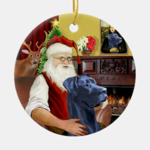 Ornement En Céramique Père Noël avec son Grand Danois bleu (oreilles nat