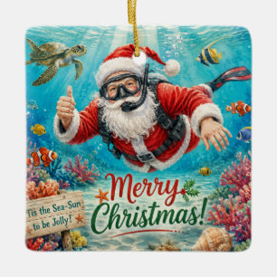 Ornement En Céramique Père Noël de Noël plongée en scaphandre avec tortu