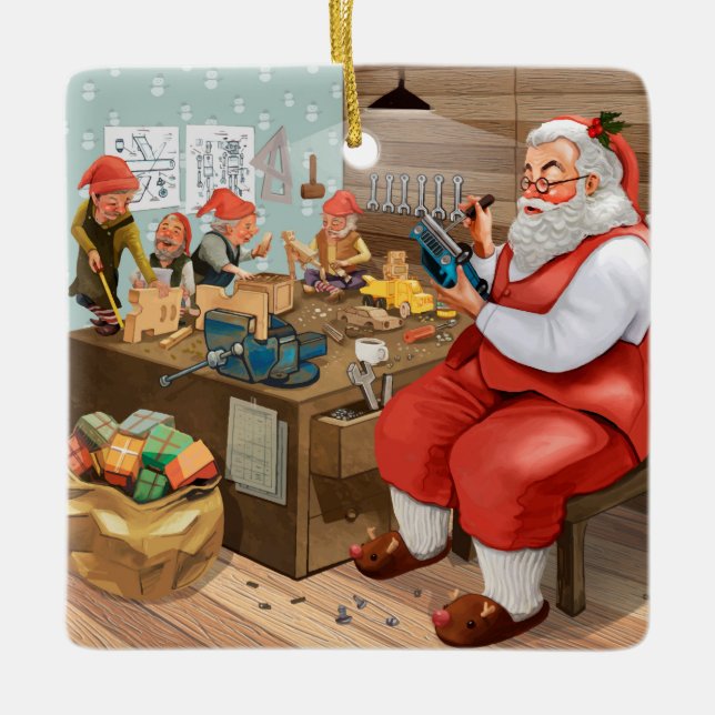 Ornement En Céramique Père Noël Et Elfes Fabriquent Des Jouets | Noël (Devant)
