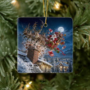 Ornement En Céramique Père Noël et rennes s'écrasent