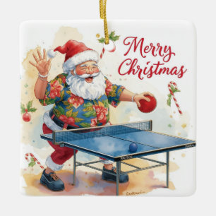 Ornement En Céramique Père Noël jouant au ping pong avec une chemise haw