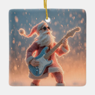 Ornement En Céramique Père Noël jouant de la guitare électrique