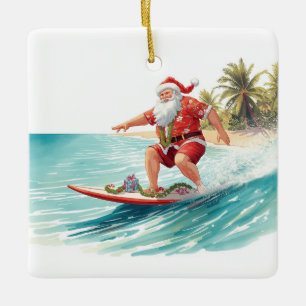 Ornement En Céramique Père Noël surfeur de Noël surfant sur une grosse v