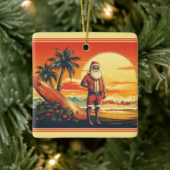 Ornement En Céramique Père Noël Surfing personnalisé Retro Beach Noël (Arbre)