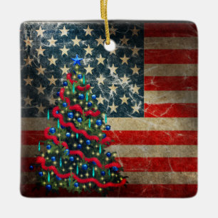 Ornement En Céramique Personalized American Flag and Christmas Tree