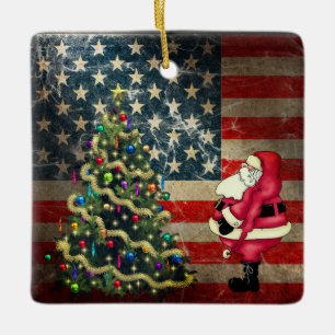 Ornement En Céramique Personalized American Flag, Santa, Christmas Tree